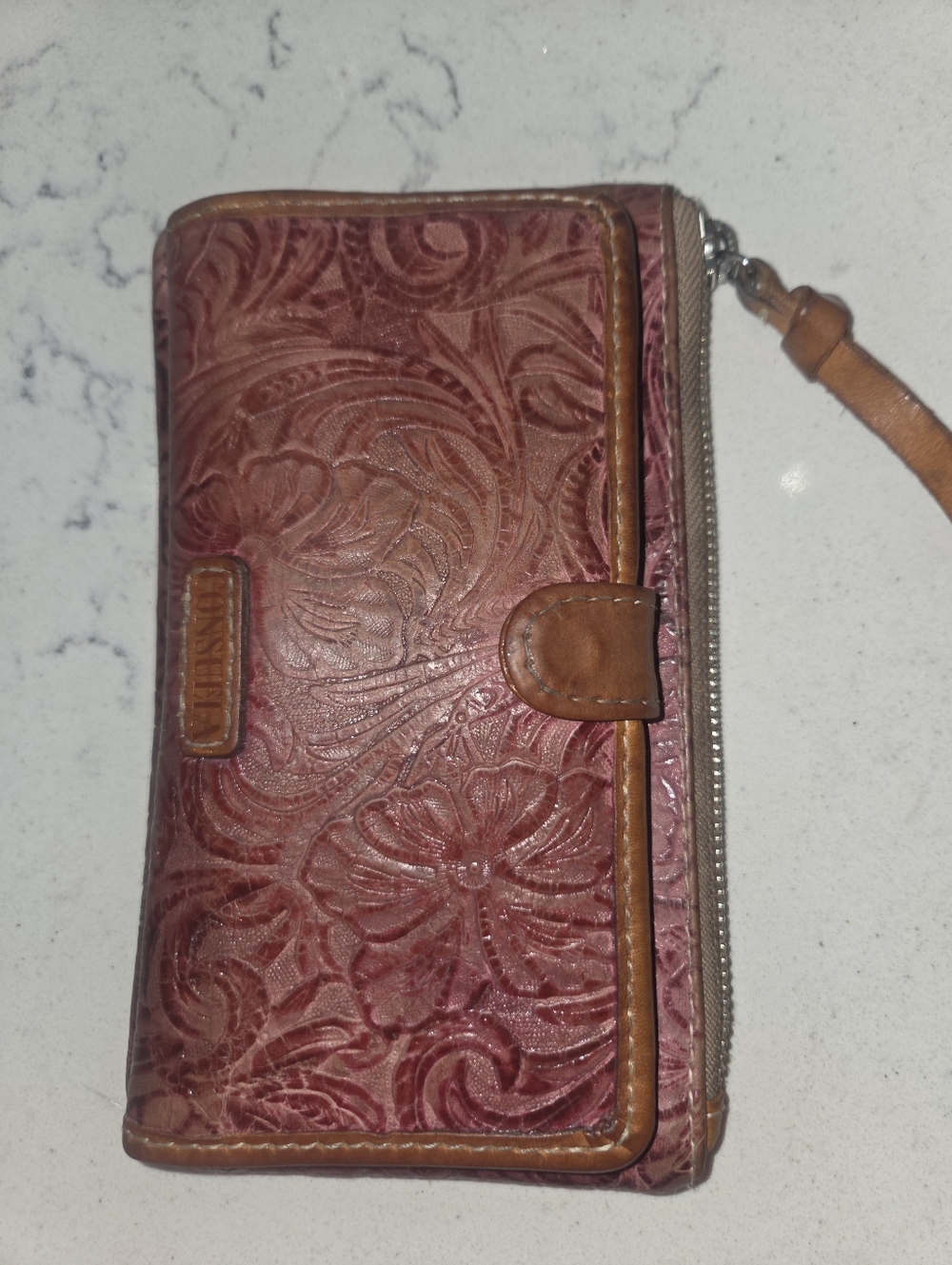Consuela Pink-Lined Tan Leather Wristlet